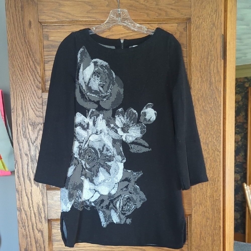 Chicos Black Floral Blouse Scoop Neck Tunic Sweater Size Chicos 0